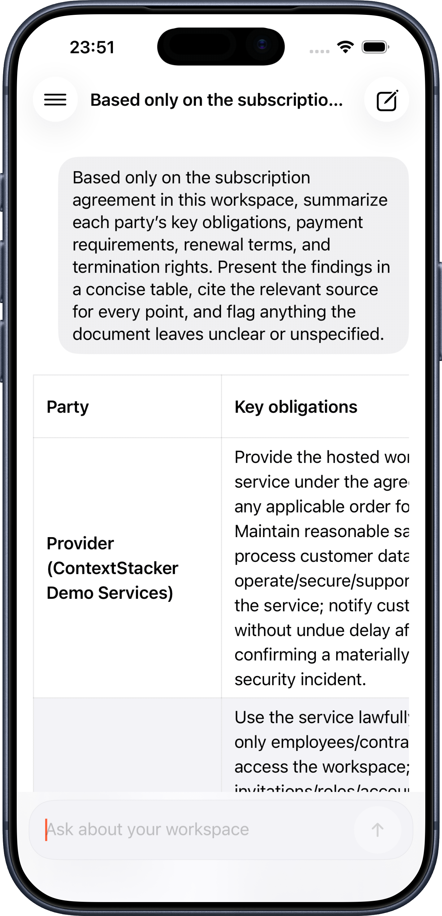 ContextStacker iOS answering a subscription agreement question in English